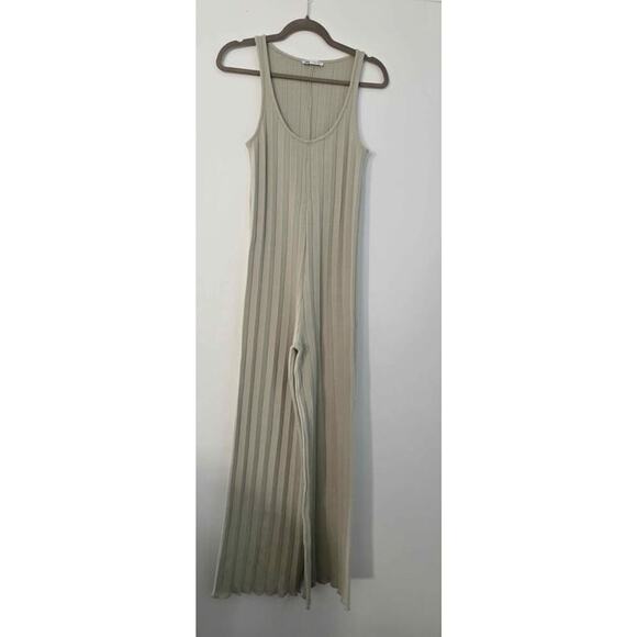 Zara Sage Green Ribbed Knit Jumpsuit – Sleeveless Wide Leg Minimalist Chic Small - Picture 2 of 7